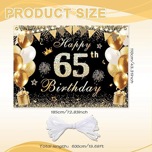 Décoration de fête Noir Or 65 Ans - Bannière Joyeux Anniversaire Rose Doré, Ballons et Drapeaux, Taille 210x150 cm, Qualité Premium, Idéale pour Les Hommes et Femmes - Nail Gallerys