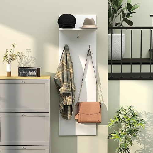 HOMCOM Porte-manteau mural meuble d'entrée avec étagère, 2 crochets et tringle en aluminium, pour entrée, couloir, chambre, dim. 40 x 21,3 x 130 cm, blanc - Nail Gallerys
