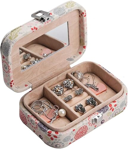 LKMY Boîtes à bijoux Petite boîte à bijoux de voyage en cuir PU, miroir intégré, maquillage et accessoires Étui de rangement verrouillable pour femmes Bagues, boucles d'oreilles, collier pour femmes - Nail Gallerys
