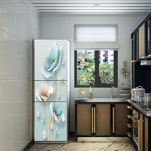 Stickers autocollants pour frigo, autocollant de réfrigérateur couvrant entièrement la porte du réfrigérateur, autocollants muraux pour décalcomanie de cuisine, fleur blanche bleu glace - Nail Gallerys