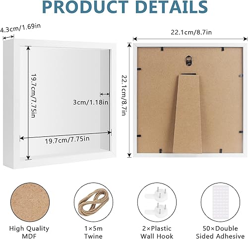 Cadre 3D Profond avec Vitre 8x8 inch, Cadre Photo Profond en Bois 3D Cadre Photo avec Verre Transparent, Cadre Photo 3D À Remplir pour Photos, Fleurs, Billets de Souvenir (3cm de Profondeur/Blanc) - Nail Gallerys