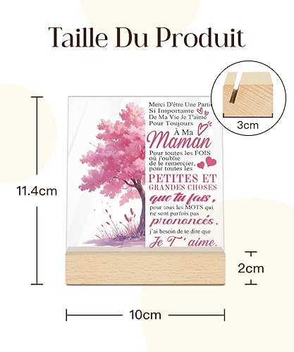 Putuo Decor - Plaque Acrylique Rectangulaire Merci Maman Je T’Aime – Message Touchant et Arbre Rose – Décoration Cadeau Fête des Mères ou Anniversaire - Nail Gallerys