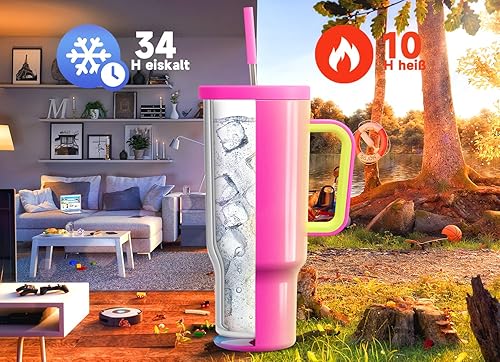 Meoky Gobelet isotherme de 1182 ml, avec paille et poignée, double paroi en acier inoxydable, à emporter, 100 % étanche, pour boissons froides et chaudes, arc-en-ciel - Nail Gallerys