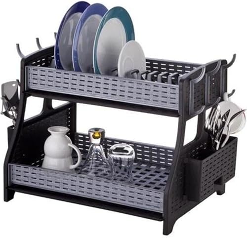 Égouttoir à vaisselle à 2 étages, design moderne, en plastique sans BPA, avec panier à couverts, 6 crochets et 2 bacs d'égouttement, anthracite/gris, 50 x 30 x 34 cm - Nail Gallerys