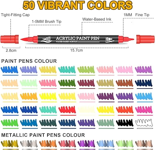 Lot de 50 stylos acryliques à double pointe avec pointe fine et pinceau - Marqueurs acryliques de qualité supérieure - Étanches - Pour peinture sur pierre, bois, plastique, tissu et projets de - Nail Gallerys