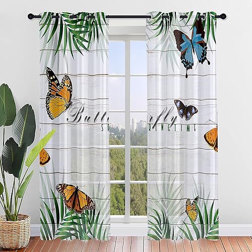 Surwin Rideau Voilage Lot de 2 Rideaux à Imprimé Papillon, 3D Rideau à Oeillets, Semi-Transparent Voilages Intérieurs pour Cuisine, Salon, Chambre (132x244cm,Fleurs Violettes) - Nail Gallerys