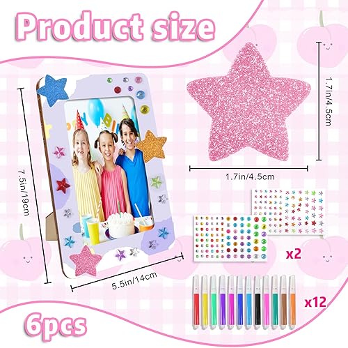 6 Pièces Bricolage Cadres Photos pour Enfant,DIY Cadre Photo,Kits de Cadres Photo en Bois,15 x 20 cm DIY Cadre Photo Kits avec Pierres Scintillantes Autocollantes et Autocollants en Forme D'étoile - Nail Gallerys