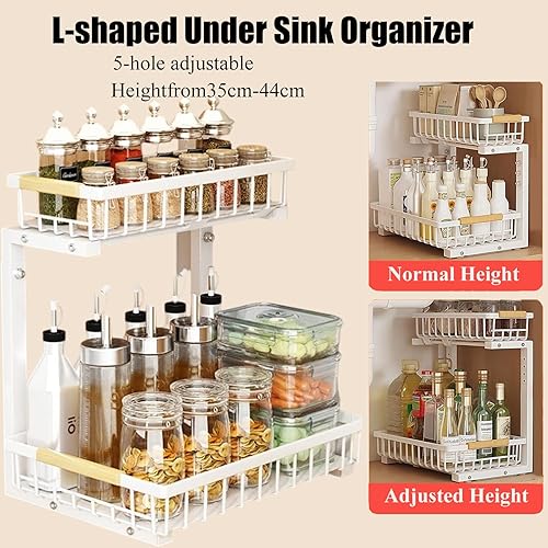 Jenmayt Organiseur de placard à 2 niveaux sous évier,Métal Rangement sous evier de L,Hauteur réglable,panier coulissant en métal,pour Salle de Bain - Nail Gallerys