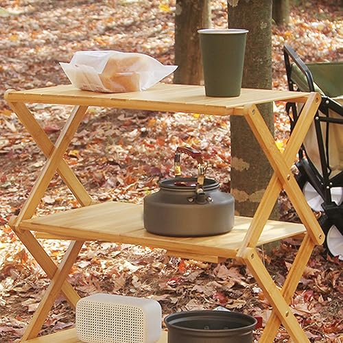 Kufoo Étagère en bois pliable, grande capacité, forte capacité de charge, étagère en bois de bambou pliable pour pique-nique (3 couches) - Nail Gallerys