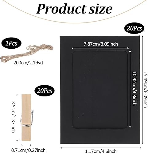 oruola Lot de 20 guirlandes pour photos - 15,5 x 11,7 cm - Cadre photo en papier kraft - Avec pinces en bois et corde de chanvre - Noir et marron - Cadre photo pour anniversaire - Nail Gallerys