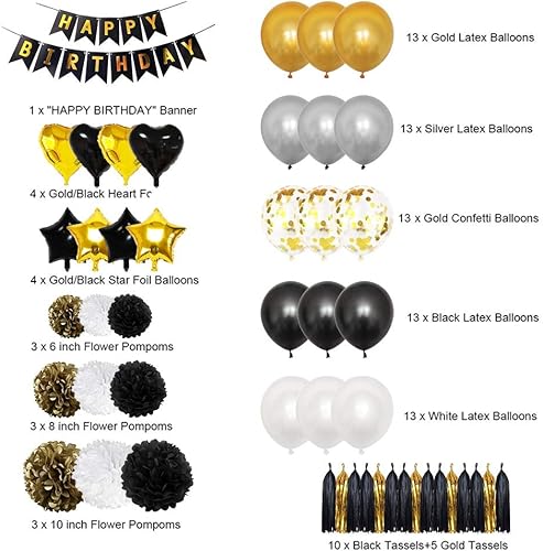 LAPONO Noir Or Décoration Anniversaire，décorations d'anniversaire 98 Pièces avec Joyeux Anniversaire Bannière Confettis Ballons en Latex étoile Coeur Ballons en Aluminium pour Fille Garçon - Nail Gallerys