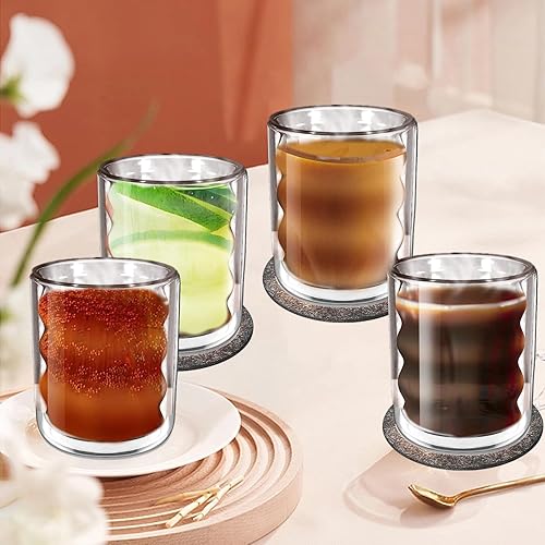 Verres à Café, Set de 4-200ML Verres Double Paroi, Tasse en Verre Borosilicate Transparent, Verres à Expresso à Double Paroi avec 4 Cuillères pour Cappuccino Latte Espresso Thé Lait Jus Eau - Nail Gallerys