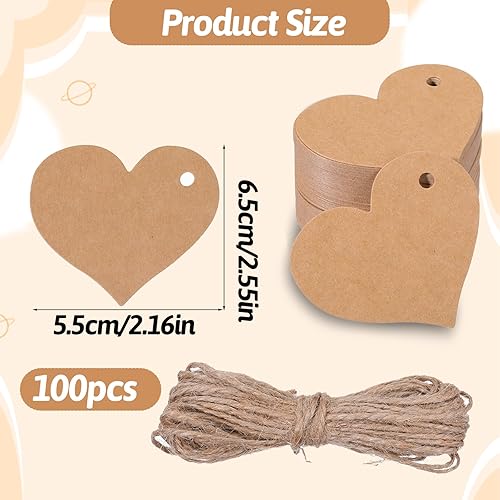 Lot de 100 étiquettes cadeaux en forme de cœur avec ficelle en papier kraft - 6,3 x 5,1 cm - Étiquettes vierges pour cadeaux de mariage, cadeaux pour anniversaire, Saint-Valentin, fête des mères - Nail Gallerys