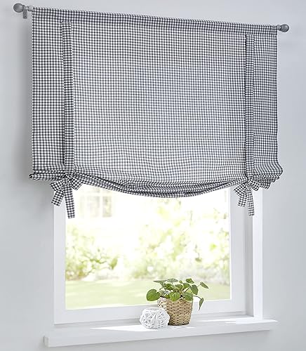Cottage Store bateau à carreaux avec cordon de serrage pour tringles, rideau de maison de campagne, cuisine, à carreaux, blanc/gris, largeur 80 cm x hauteur 100 cm - Nail Gallerys
