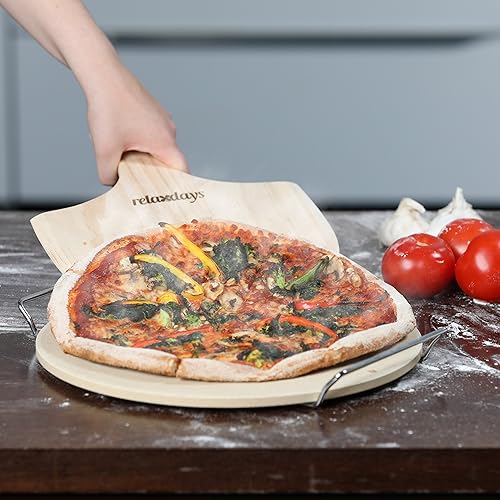 Relaxdays 10020491 Pierre à pizza ronde 1 cm avec support en métal pierre à pain cuisson four pelle à pizza bois spatule HxlxP: 4 x 32 x 32 cm, nature - Nail Gallerys