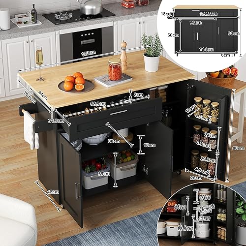 Seyakany Îlot de Cuisine Moderne 132,5 x 44 (70) x 90cm avec Plan de Travail Pliable,Porte-épices, Porte-Serviettes,Buffet Cuisine,Buffet Salle a Manger,Chariot de Salle à Manger,Noir - Nail Gallerys