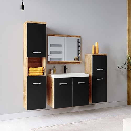 Alba - Ensemble de Salle de Bain 60 cm - Lavabo en Chêne Châtaignier et Noir - Meuble Bas, Haut et Lavabo - Nail Gallerys