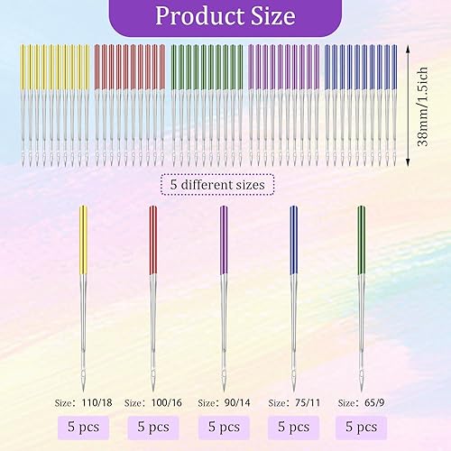 Tucnoeu Lot de 50 aiguilles universelles pour machine à coudre - Pour machine à coudre - Pour machine à coudre - Pour jeans, cuir, tissus - 5 tailles et 5 couleurs - Nail Gallerys