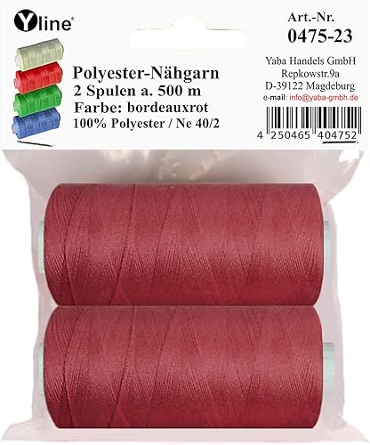 0475-23 Lot de 2 bobines de 500 m de fil à coudre/fil synthétique bordeaux - rouge - Fil à coudre en polyester pour machine à coudre (0,06 € /10 m) - Nail Gallerys
