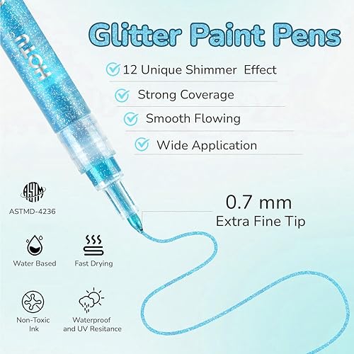 HOTU Feutres À Paillettes,12 Marqueur De Peinture Acrylique Paillettes Imperméable Pour Peinture Sur Pierre, Céramique, Bois, Tissu, Scrapbooking, Cartes Ect À Pointe Extra-fine 0,7 MM - Nail Gallerys