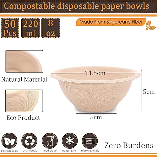 Lot de 50 bols jetables solides en papier - 220 ml - Bols à bagasse en canne à sucre - Super rigides - Biodégradables et compostables - Bols en plastique pour fête, soupe, dessert - Bols en papier - Nail Gallerys