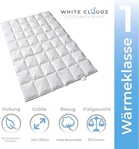 White Cloudz - Couette en Duvet Graz 140x220 cm - d'hiver - 90% Duvet de Canard européenne, Classe I, RDS - Nail Gallerys