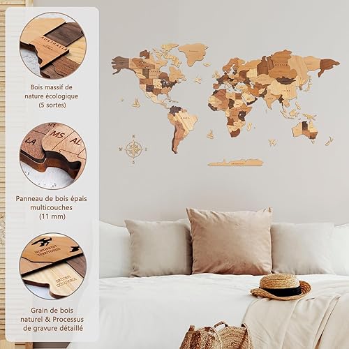 Creawoo Carte du Monde de Voyage 3D en Bois pour Décoration Murale, Carte Murale Décorative en Bois Massif Naturel Multicouche pour la Maison et le Bureau, Multicolore-150x85 CM - Nail Gallerys