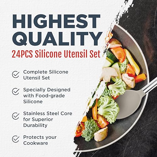 Culinary Couture Lot de 24 ustensiles de cuisine en silicone kaki – spatules antiadhésives, poignées en acier inoxydable et plus encore - Nail Gallerys