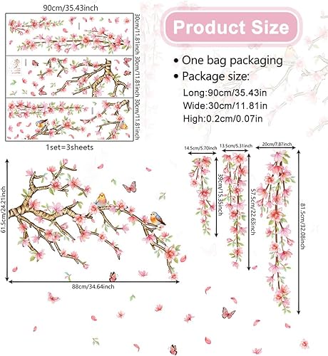 milaosk Stickers Muraux Fleurs Roses Branches Oiseaux et Papillons Autocollant Auto-adhésifs Mural Papier Peint Chambre Fille Bricolage Décoration Murale pour Salon Chambre Enfants - Nail Gallerys