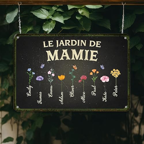 Cadeau Plus Plaque Métal Personnalisée - Le Jardin De Mamie - Plaque metal vintage, decoration murale jardin, plaque de porte personnalisée (5 Fleurs) - Nail Gallerys