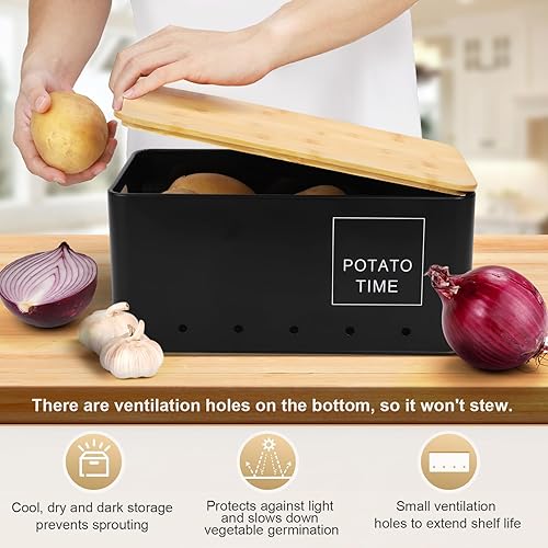 Lannvan Boite Pomme de Terre, Lot de 3 Rangement Oignons Ail Pomme de Terre, Boite Oignon, Boite Ail, Boîte de Conservation avec Couvercle en Bois, Boite Rangement Cuisine(Noir) - Nail Gallerys