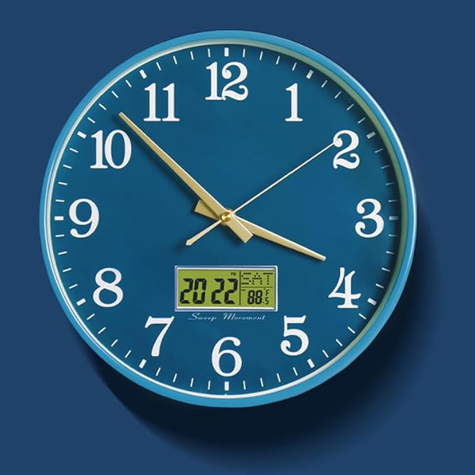 Esteopt Horloge murale, cadran analogique à piles de 30,5 cm avec écran LCD pour calendrier perpétuel et cadran de température F°/C°, silencieux, décoration de maison, chambre, cuisine, bureau - Nail Gallerys