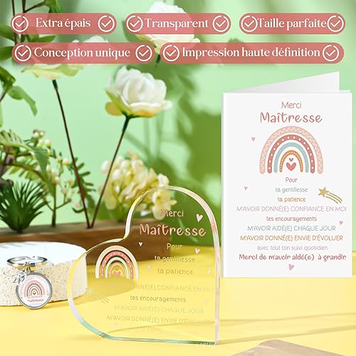 Namalu Cadeaux de Merci de Maitresse 1 Ornement Acrylique de Cœur 1 Porte-Clés Arc-en-Ciel 1 Remerciement Carte de Vœux 1 Enveloppe pour Adieu Journée des Enseignants Diplômé Fin d'Année Anniversaire - Nail Gallerys