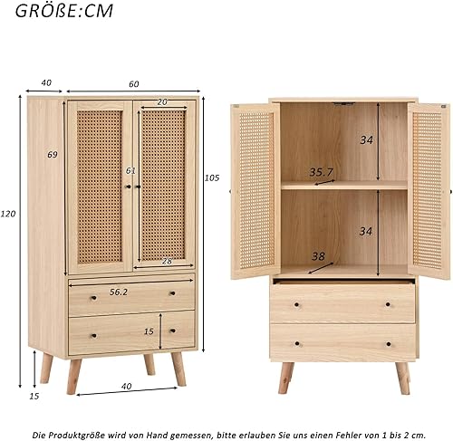 KOMHTOM Commode en rotin, avec 2 portes et 2 tiroirs, armoire de rangement avec porte magnétique, couleur bois d'origine, armoire polyvalente pour chambre à coucher, salon, couloir (B) - Nail Gallerys