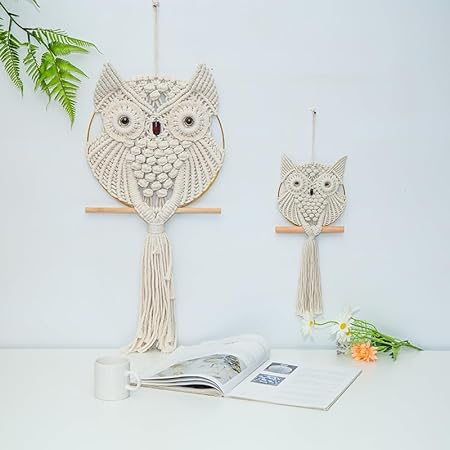 Tapisserie murale hibou - 15 x 45 cm - En macramé - Décoration murale - Style bohème - Motif hibou - Attrape-rêves - Décoration murale pour bureau, salon, chambre à coucher, chambre d'enfant - Nail Gallerys