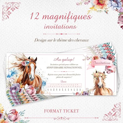 SoKawaï - 12 invitations anniversaire en Français | Thème Équitation - Cheval | Format ticket | Adresse détachable - Nail Gallerys