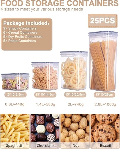 Lot de 25 Boite Rangement Cuisine,Boite Alimentaire Hermétique en Plastique,Boites Conservation avec Couvercle Hermétique,Étiquettes,Cuillère,pinceau,Conservation des Aliments pour Farine,Cereales - Nail Gallerys