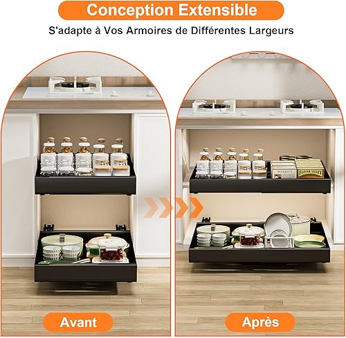 Tiroir Coulissant Cuisine, 2 Pièce Tiroir Télescopique Extensible (30-50cm x 43.5cm x7 cm) Organisateurs D'armoire Coulissants Etagere Rangement Cuisine Telescopique pour Armoires de Cuisine Salon - Nail Gallerys