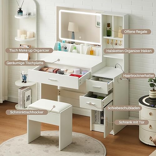 TUKAILAi Coiffeuse avec Miroir et Tabouret LED Adulte USB Port, Blanc Coiffeuse avec Miroir Rangement à 3 Tiroirs 6 Compartiments Porte-sèche-Cheveux, Table de Maquillage Moderne Fille Chambre Cadeau - Nail Gallerys