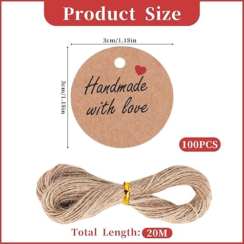 Lot de 100 étiquettes rondes en papier kraft faites à la main avec ficelle de 3 cm avec ficelle de 20 m pour travaux manuels, boîtes à bougies, mariage, fête d'anniversaire - Nail Gallerys