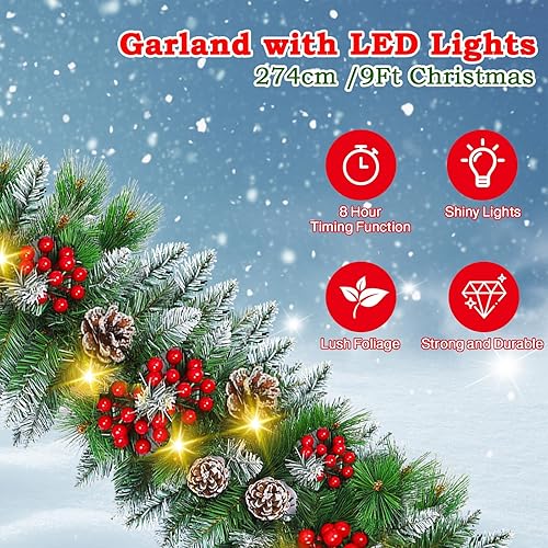 Guirlande de Noël avec éclairage 30 LED - 2,7 m - Guirlande de sapin avec éclairage de fleurs et boules - Décoration de Noël en rotin - Pour escaliers, intérieur et extérieur - Nail Gallerys