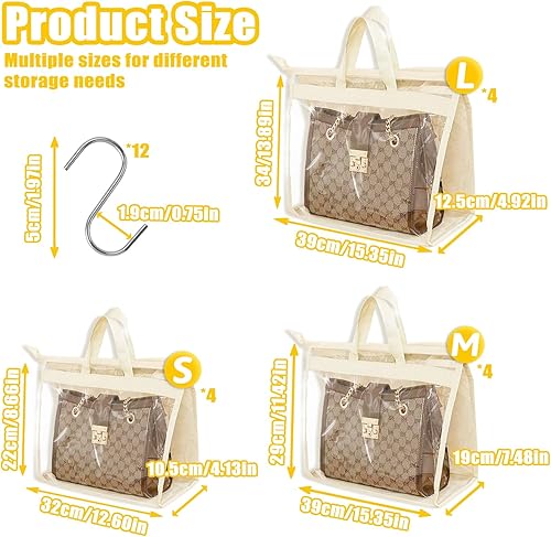 MOAMUN 12 Rangement Sac à Main Blanc avec Fermetures Éclair, Poignée et 12 Crochets, Rangement Sac a Main en Transparent, Organisateur Sac a Main pour Armoire Chambre à Coucher Salon (3 Tailles) - Nail Gallerys