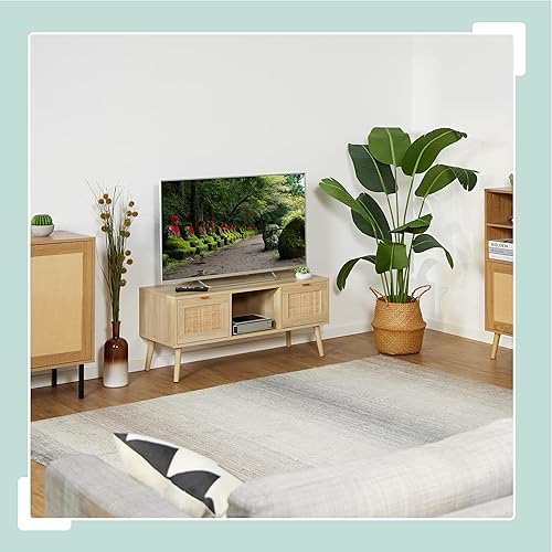 Relaxdays Meuble TV, Commode télévision, Aspect Bois et rotin, jusqu'à 43 Pouces, Bois, HxLxP: 45,5x100x40 cm, Naturel - Nail Gallerys