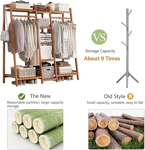 Portant Penderie à Vêtements en Bambou, Multifonction Armoire Ouverte Penderie avec 9 Etagères de Rangement, pour Manteaux Chapeaux Sacs, pour Entrée Couloir 160x40x140CM - Nail Gallerys