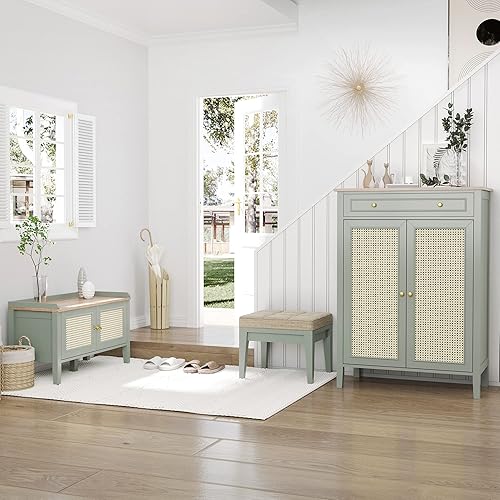 HOMCOM Meuble à Chaussures Meuble de Rangement à Chaussures Meuble d'entrée avec 2 Portes Effet cannage tiroir 80 x 40 x 110 cm - Nail Gallerys