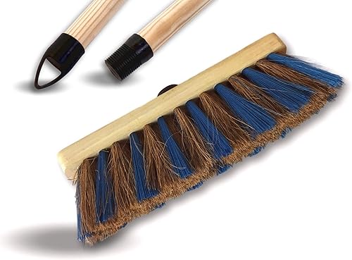Lot de 10 balais de ménage en fibres de coco zèbré | Garnissage coco renforcé PPN bleu ou rouge | Lg 29 cm | Semelle bois | Douille à vis | Manche bois avec accroche 1,25 m | Kibros 2052MBx10 - Nail Gallerys