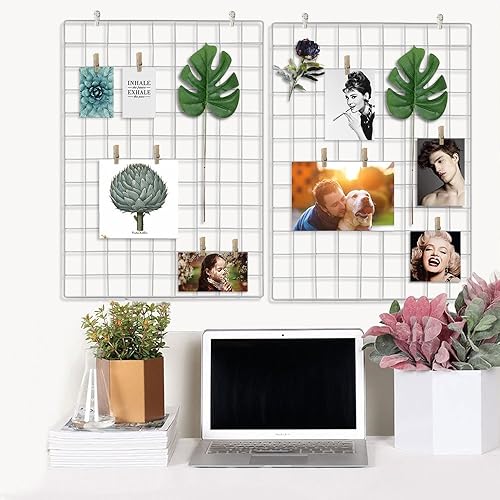 CODIRATO Lot de 2 Mur de Grille Photo, Organisateur de Décoration Murale avec Crochets et Clips en Bois Affichage Grille pour DIY Décoration Murale Famille, Cuisine, Bureau (65 * 45cm, Blanc) - Nail Gallerys