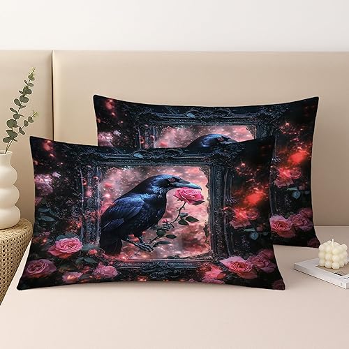 Lot de 2 housses de coussin gothiques motif corbeau noir et rose pêche, décoration d'Halloween et d'automne pour salon, canapé, sofa, style sombre magique, 45,7 x 45,7 cm - Nail Gallerys