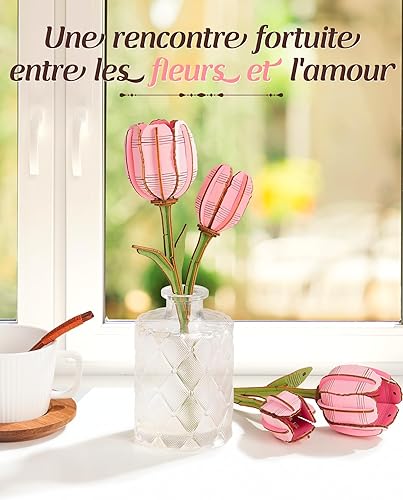 rowood Fleurs artificielles tulipe rose, puzzle 3D DIY en bois, kit de modélisme à assembler, kit de bricolage pour adultes, décoration de la maison et cadeau de Saint-Valentin - Nail Gallerys