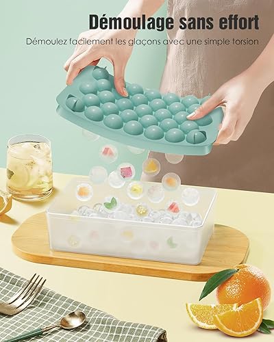 Bacs à Glaçons Ronds avec Couvercle et Boîte - Lot de 3 Bacs Empilables pour Petites Boules Glace, 99 Glaçons Ronds pour Rafraîchir Whisky, Cocktails, Café - Bac a Glacon Sphériques Démoulage Facile - Nail Gallerys